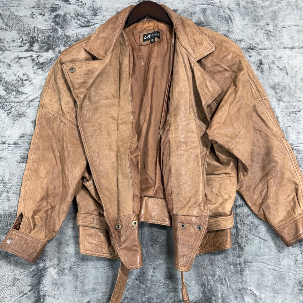 LA Studio Vintage Brown Leather Bomber Jacket Belted Mens Large Made in Korea - Picture 2 of 11